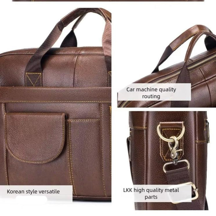 Borsa a tracolla in pelle marrone, stile coreano, con parti metalliche di alta qualità, cuciture precise, ideale per lavoro e viaggio.