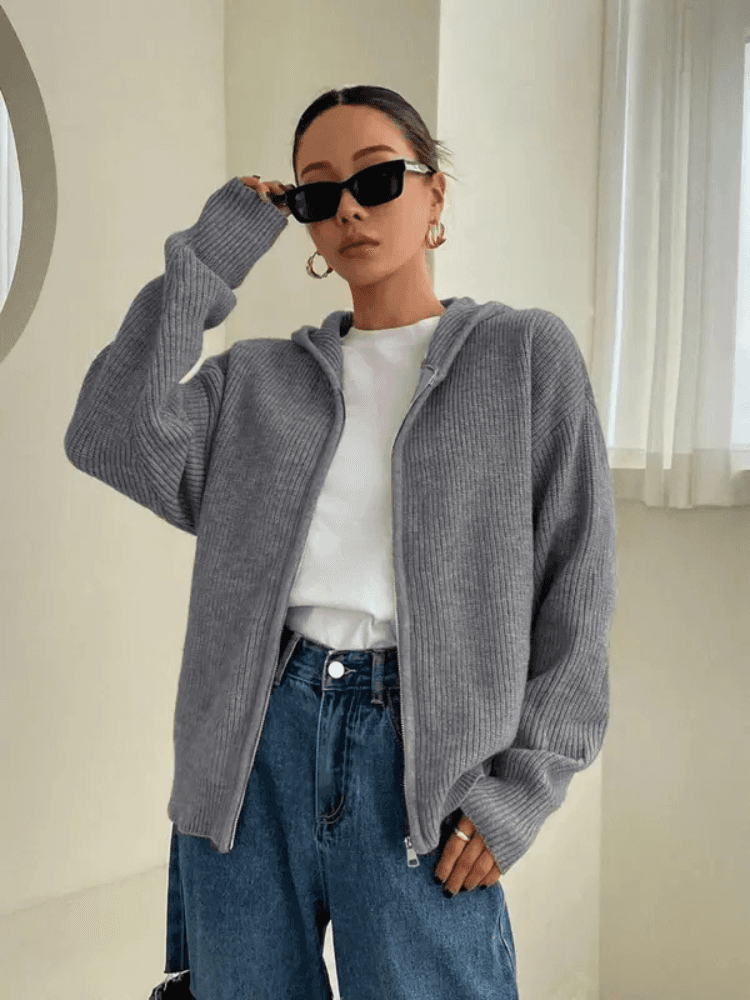 Felpa Donna in Maglia con Cappuccio e Cerniera