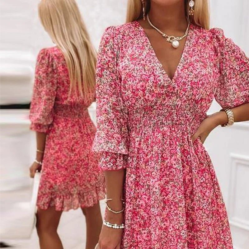 Abito Donna Floreale Cotone Stile Casual Manica Corta - Vesarelli