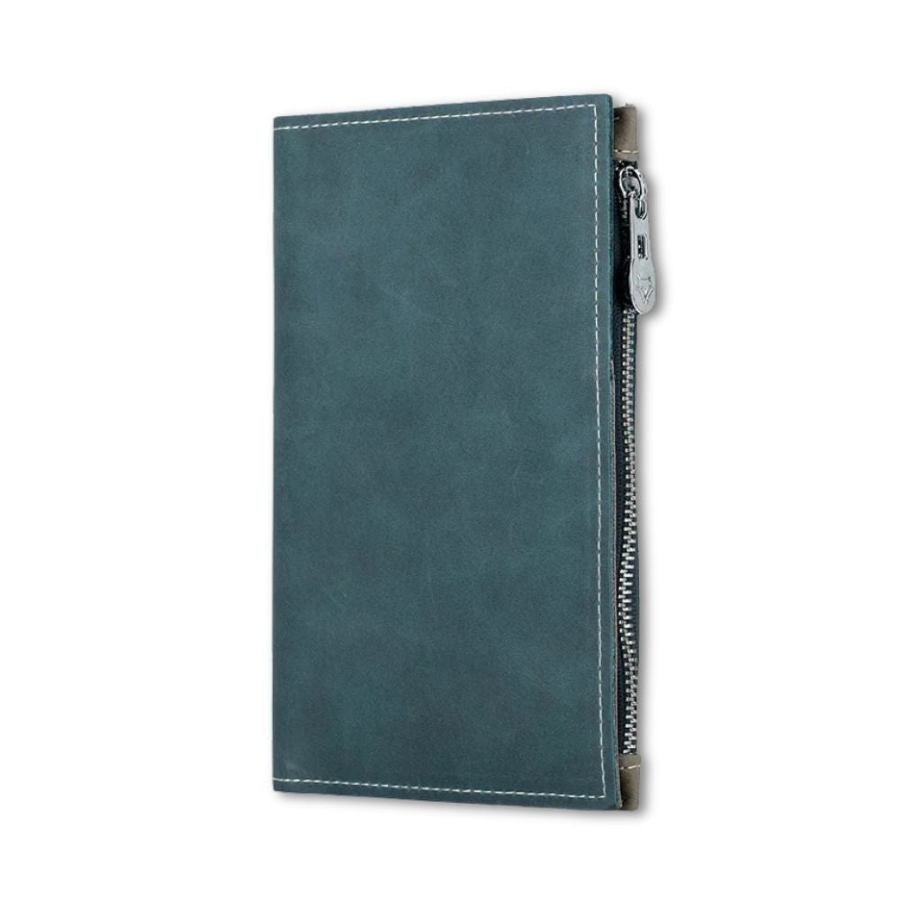 Portafoglio in pelle blu scuro con cerniera laterale, design elegante e moderno, ideale per uomo e donna. Accessorio moda di alta qualità.