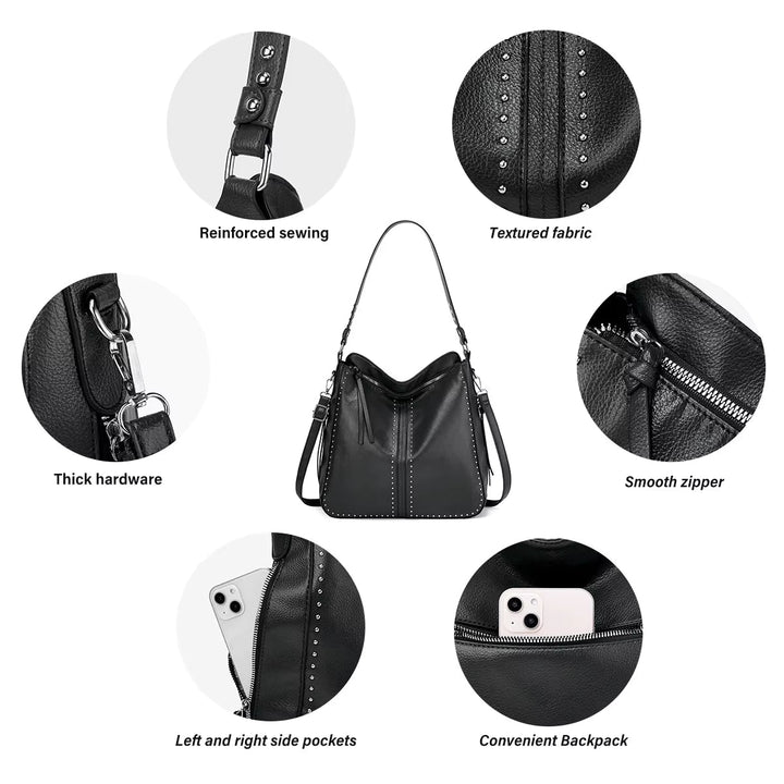 Zaino in pelle nera con cuciture rinforzate, tessuto testurizzato, hardware robusto, cerniera liscia, tasche laterali, ideale per moda e praticità.