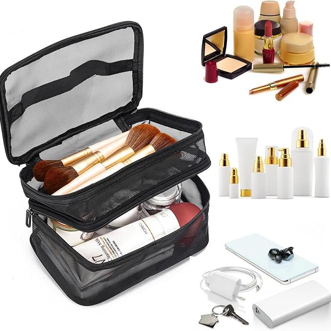 Borsa trucco nera a due scomparti con pennelli e cosmetici, set di flaconi vuoti, accessori da viaggio, organizer per cosmetici e articoli da toeletta.