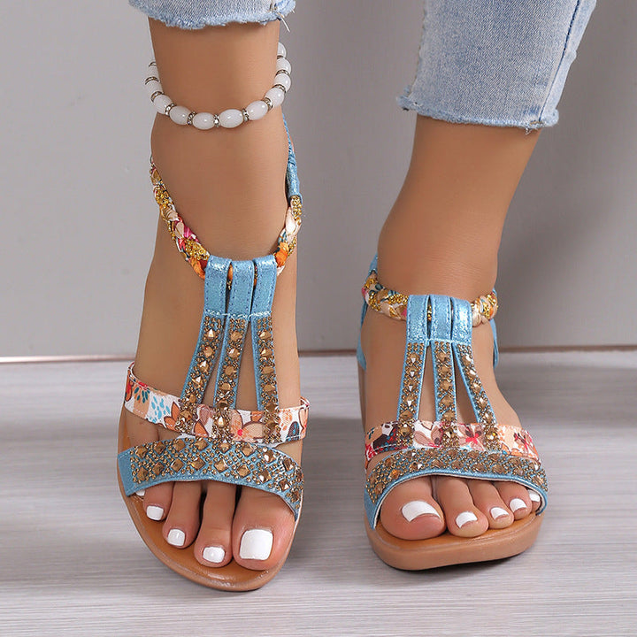 Sandali Donna Boho Zeppa Strass Aperti Comodi Estate
