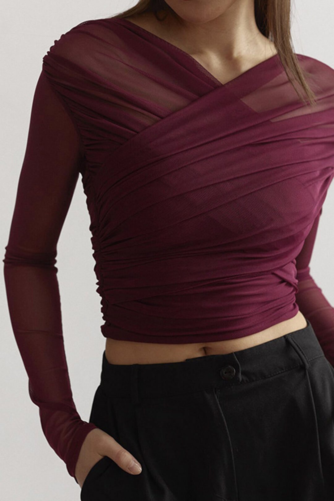Camicetta Donna in Rete Drappeggiata Maniche Lunghe Stile Casual - Vesarelli