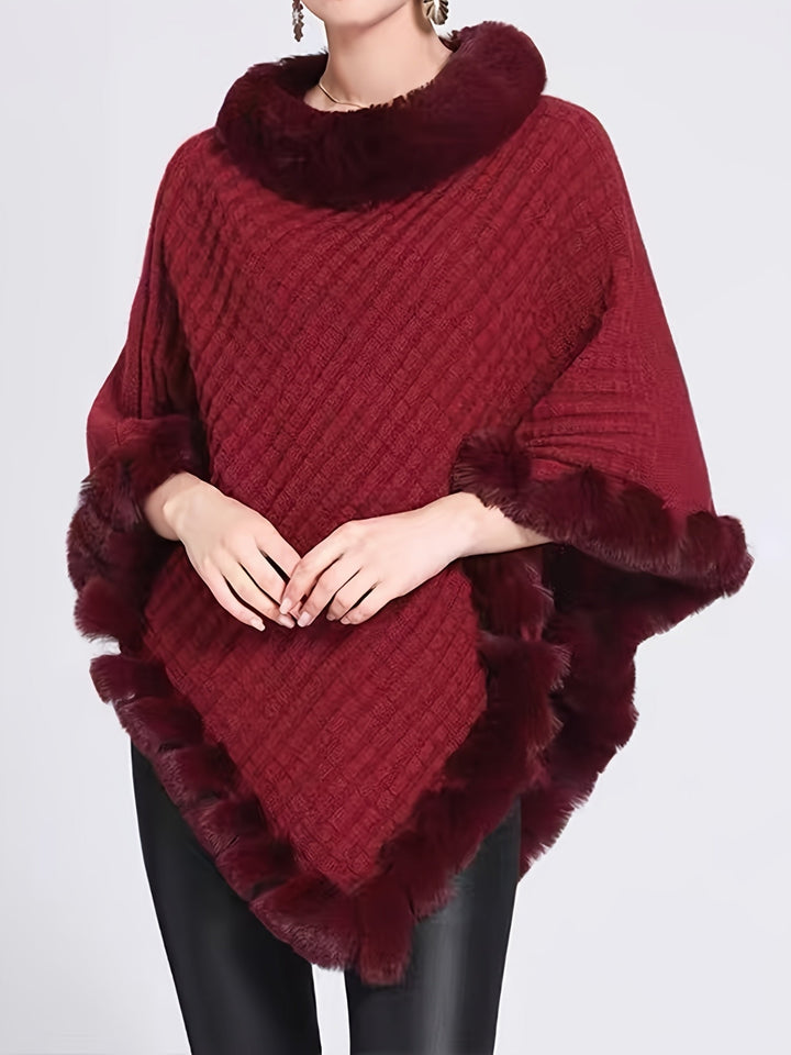Poncho Donna in Acrilico Lavorato a Maglia Bordo Pelliccia Morbido