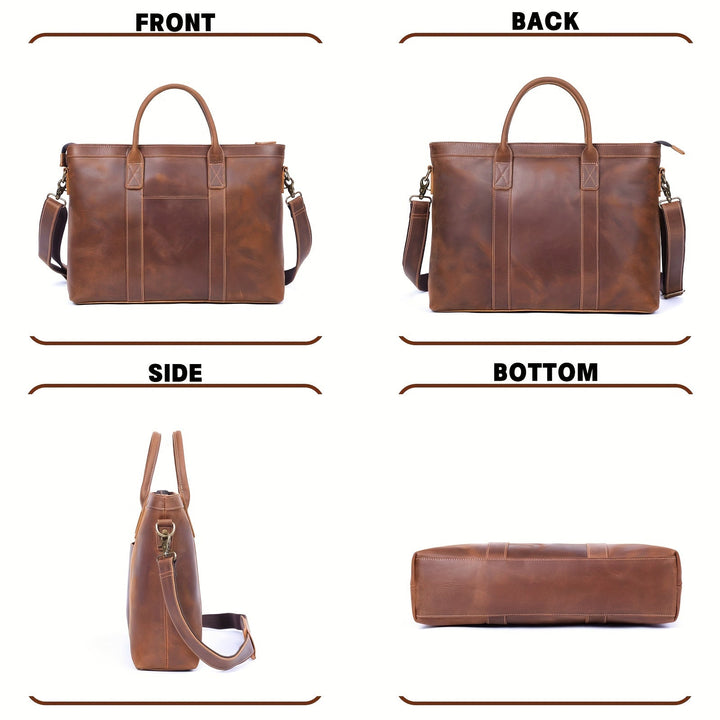 Borsa a tracolla in pelle marrone, vista frontale, posteriore, laterale e inferiore. Design elegante, ideale per lavoro e viaggio.