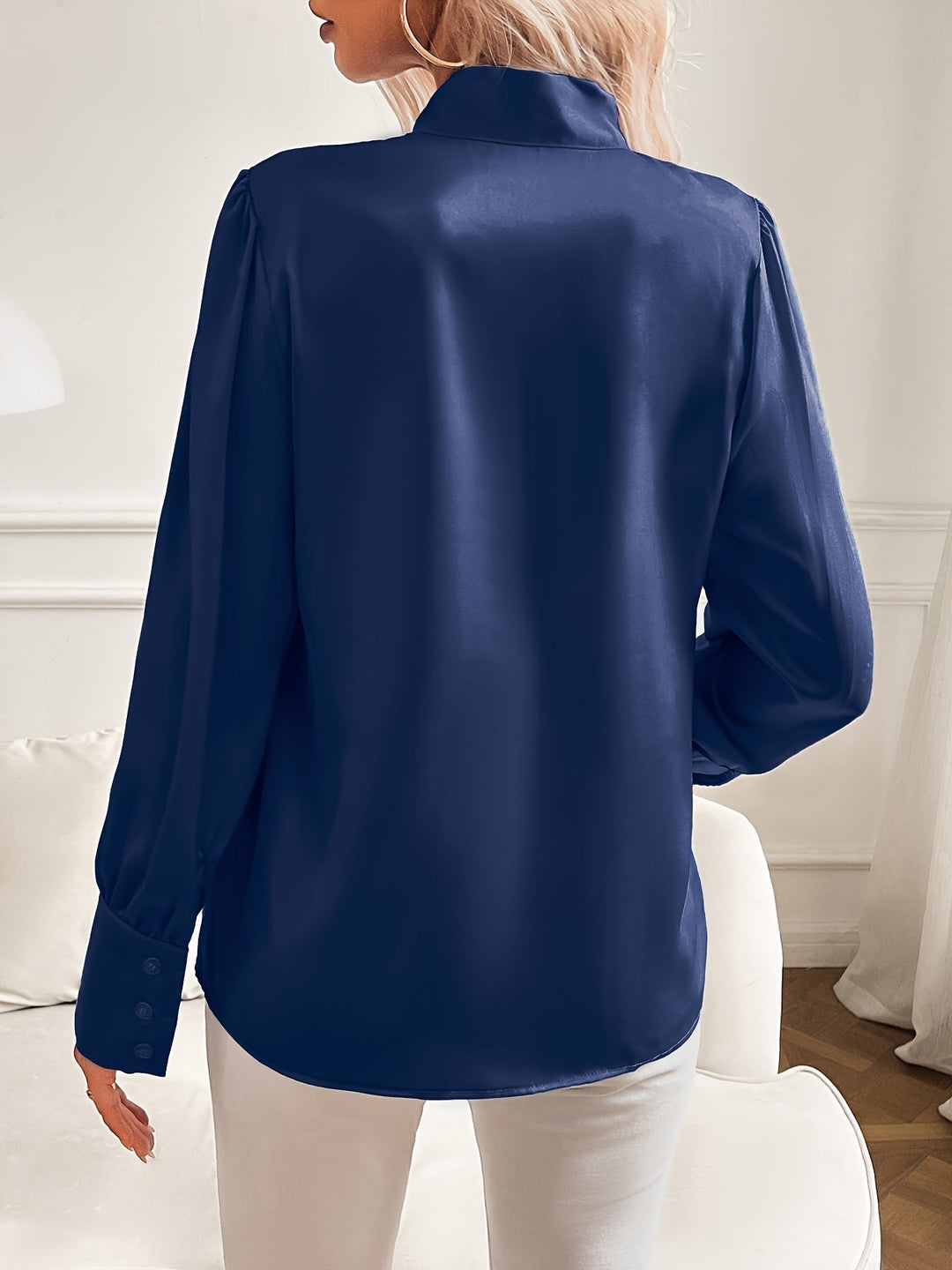 Chemisier Donna in Satin Maniche Lunghe Collo con Nodo Elegante