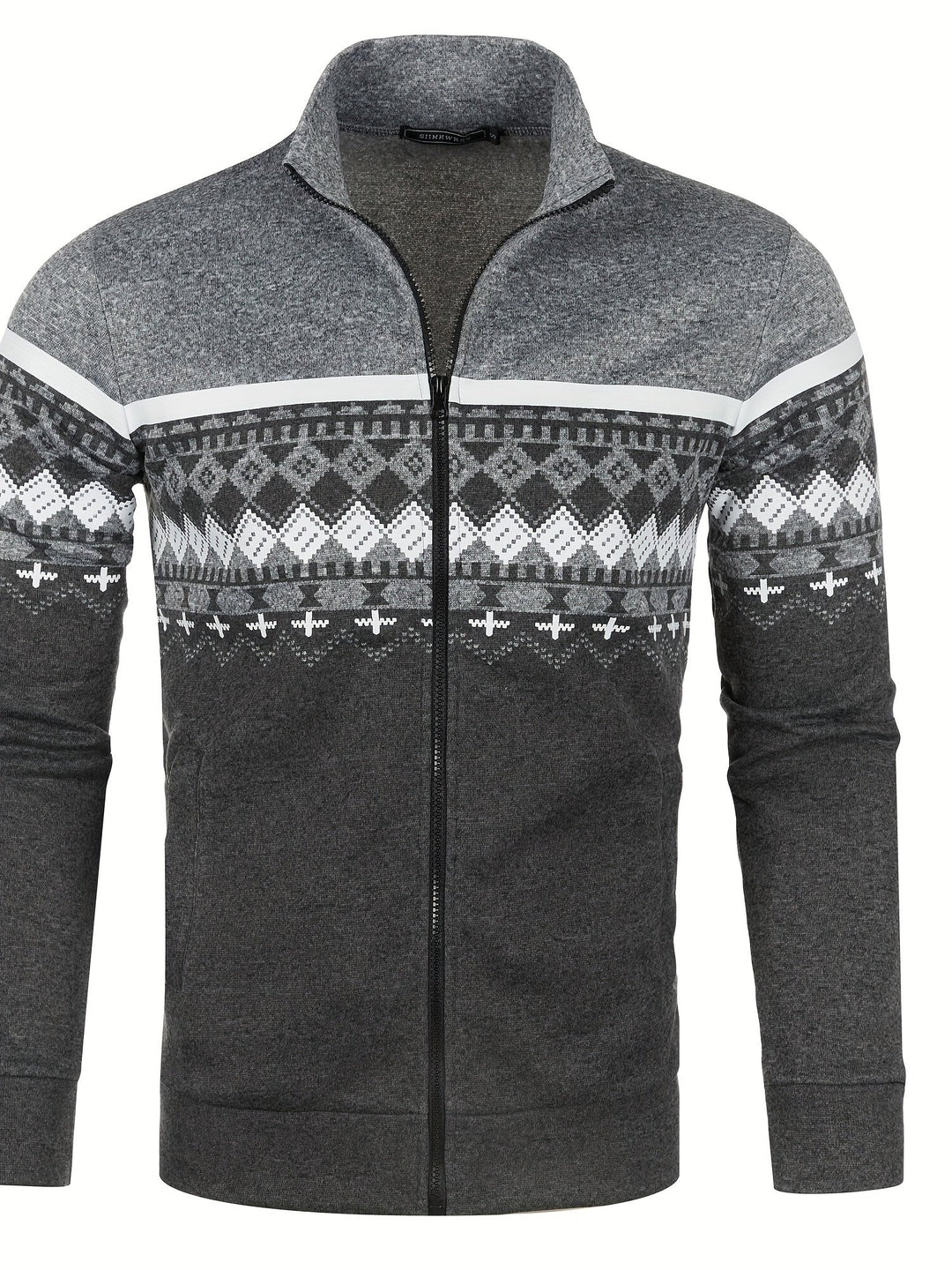 Giacca invernale uomo grigia con zip, motivo geometrico bianco e nero, collo alto, maniche lunghe, ideale per moda casual e abbigliamento caldo.