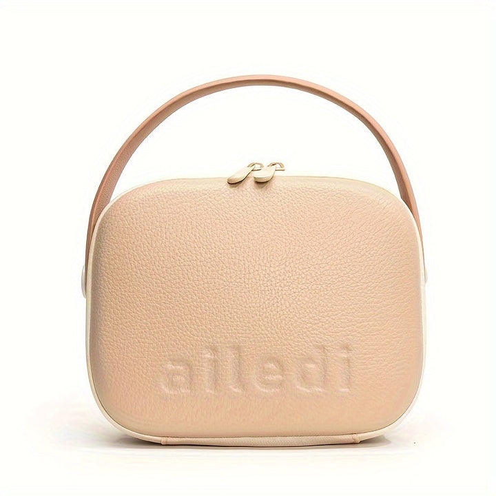 Borsa a tracolla beige in pelle con logo in rilievo, design elegante e minimalista, ideale per moda donna, accessorio di tendenza 2023.