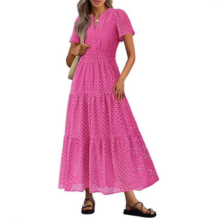 Abito lungo Donna Scollo a V Maniche Corte Occhielli Fluidi