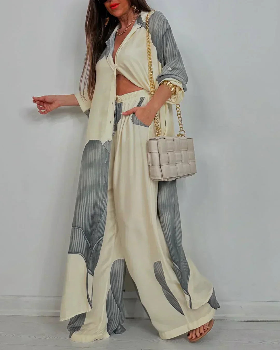Completo Donna Camicia Colletto Bottoni Pantaloni Vita Alta Gamba - Vesarelli