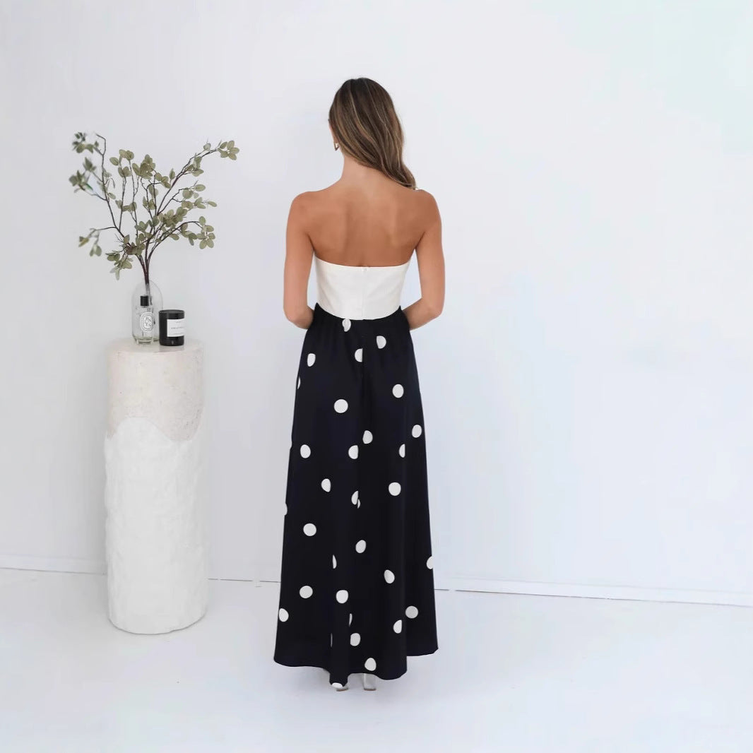 Abito Lungo Donna Patchwork Pois Scollo a Trapezio