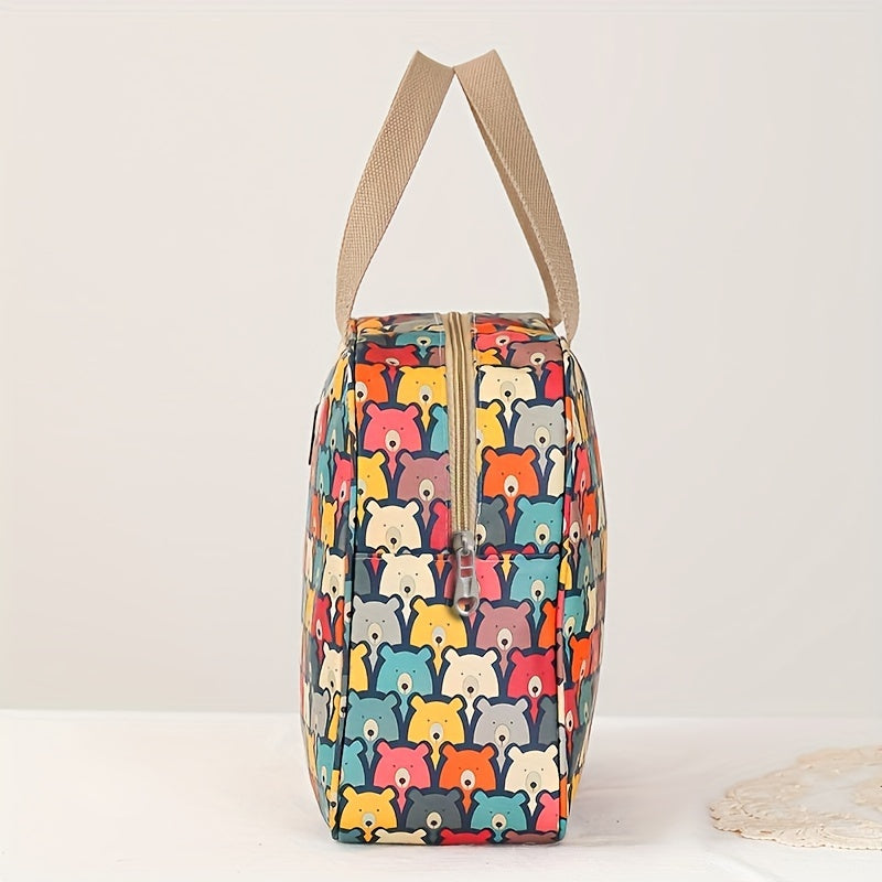 Borsa termica colorata con stampa di orsetti, manici beige, chiusura a zip. Ideale per picnic, pranzo al sacco, conservazione alimenti.
