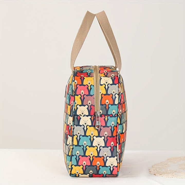 Borsa termica colorata con stampa di orsetti, manici beige, chiusura a zip. Ideale per picnic, pranzo al sacco, conservazione alimenti.