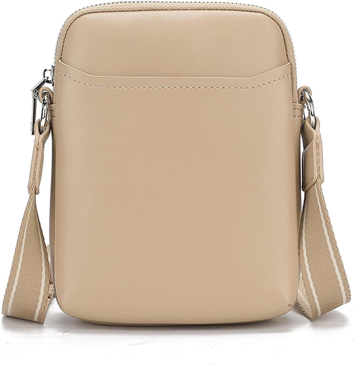 Borsa a tracolla beige in pelle sintetica, design minimalista, tasca frontale, cerniera superiore, tracolla regolabile, moda donna elegante.