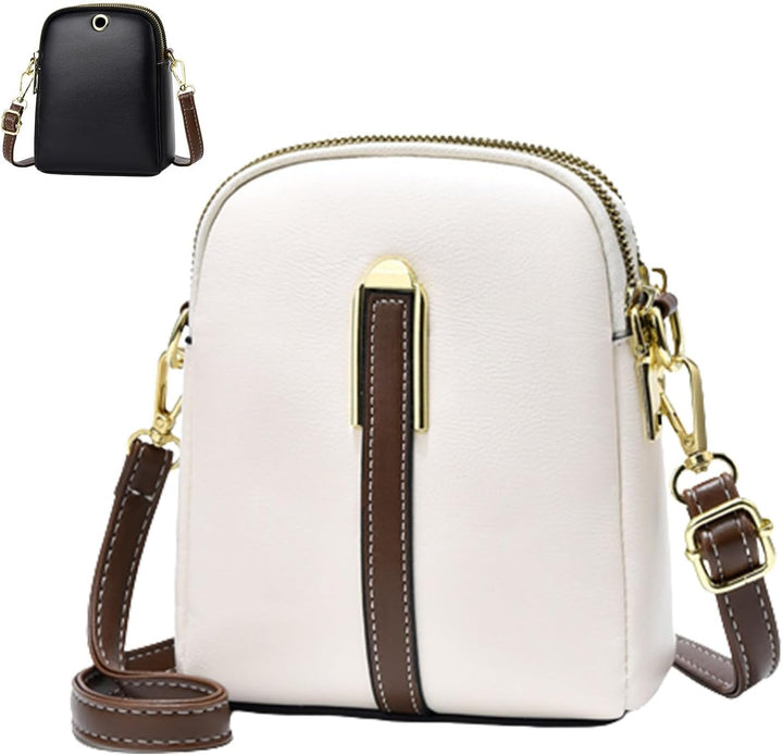Borsa a tracolla in pelle bianca con dettagli marroni e chiusura dorata, design compatto, elegante e versatile. Disponibile anche in nero.
