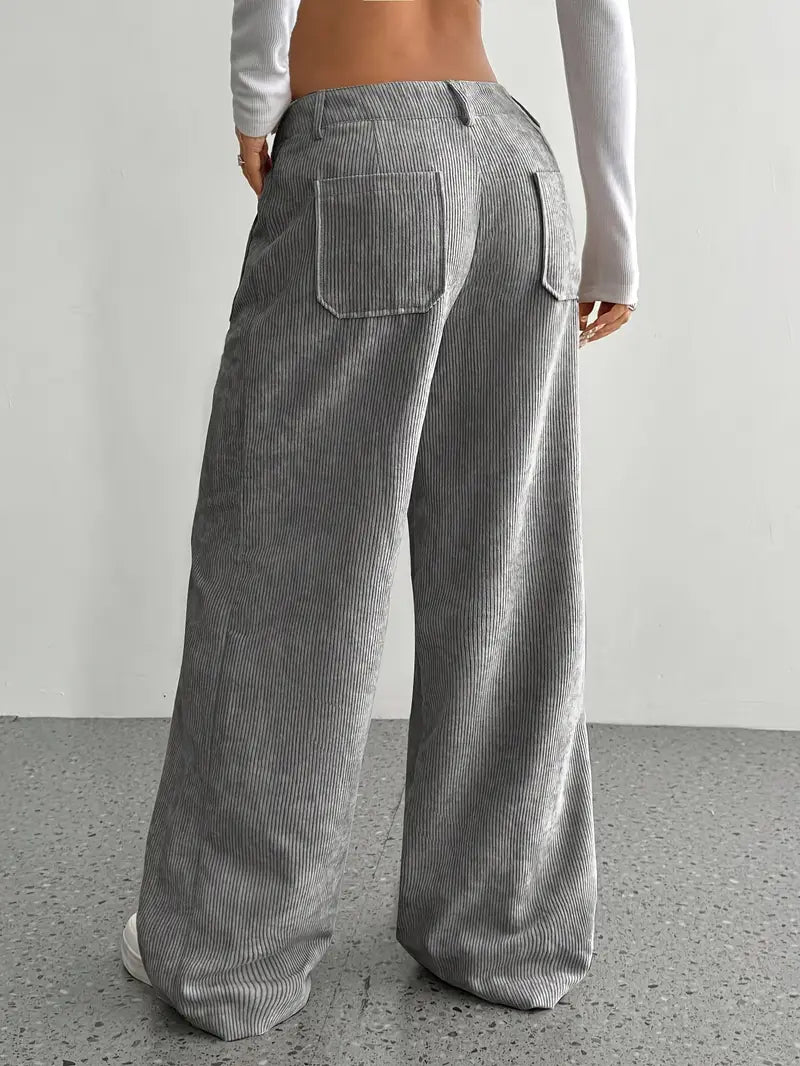 Pantaloni Donna a Coste Vita Alta Gamba Larga