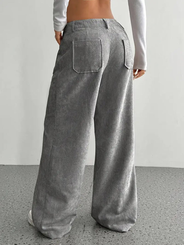 Pantaloni Donna a Coste Vita Alta Gamba Larga