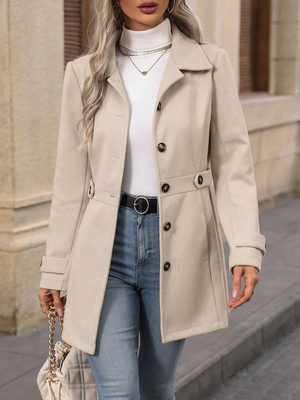 Cappotto Donna Monopetto Misto Lana Media Lunghezza con Revers