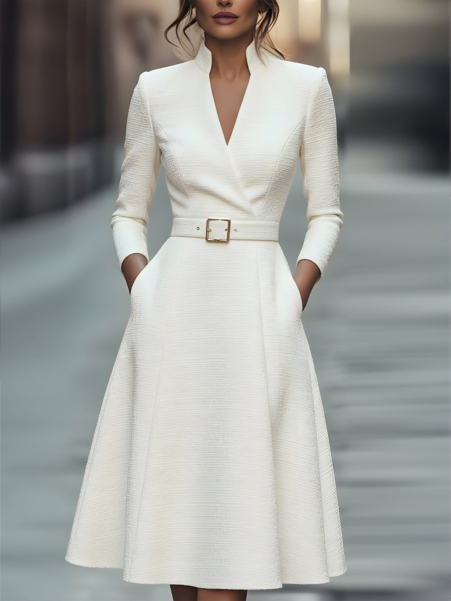 Abito Midi Donna Testurizzato con Cintura Scollo a V - Vesarelli