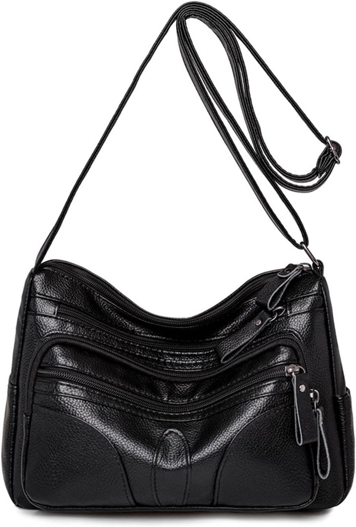 Borsa a tracolla in pelle nera con cerniere multiple, design elegante e pratico, ideale per donna. Accessorio moda versatile e resistente.