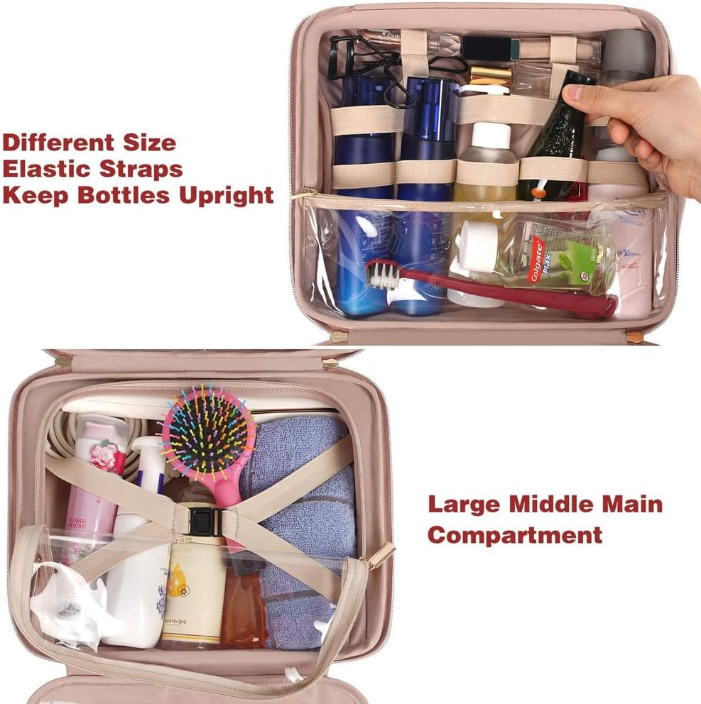 Beauty case da viaggio aperto con scomparti elastici per flaconi, spazzola e asciugamano. Design compatto, ideale per organizzare prodotti cosmetici.