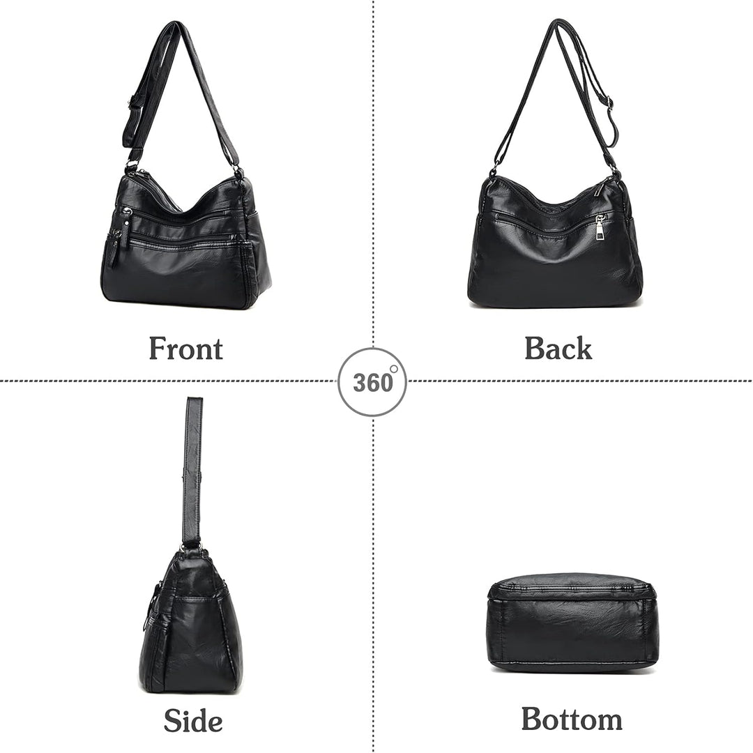Borsa a tracolla in pelle nera, vista a 360 gradi. Mostra fronte, retro, lato e fondo. Design elegante, ideale per moda donna e accessori.