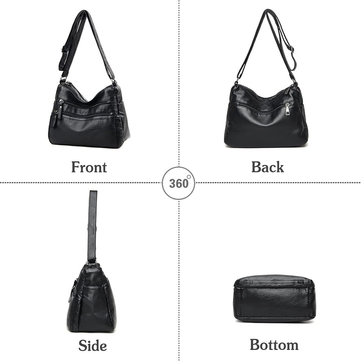 Borsa a tracolla in pelle nera, vista a 360 gradi. Mostra fronte, retro, lato e fondo. Design elegante, ideale per moda donna e accessori.
