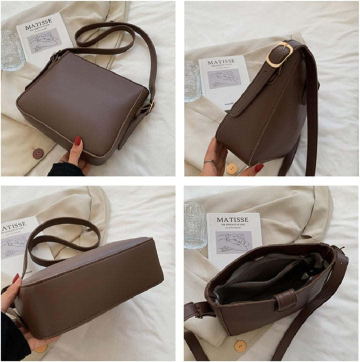 Borsa a tracolla marrone in pelle, design elegante, chiusura con fibbia dorata, tasca interna, ideale per moda donna, accessorio versatile.