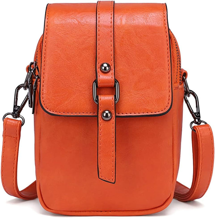 Borsa a tracolla in pelle arancione, design compatto con chiusura a fibbia, ideale per donna, moda autunno, accessorio elegante e pratico.