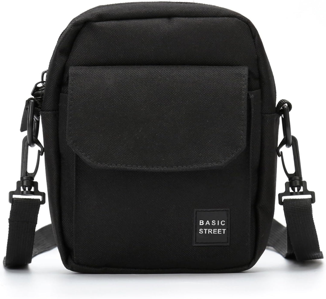 Borsa a tracolla nera Basic Street, design compatto, tasca frontale con patta, ideale per uomo e donna, perfetta per uso quotidiano e viaggi.