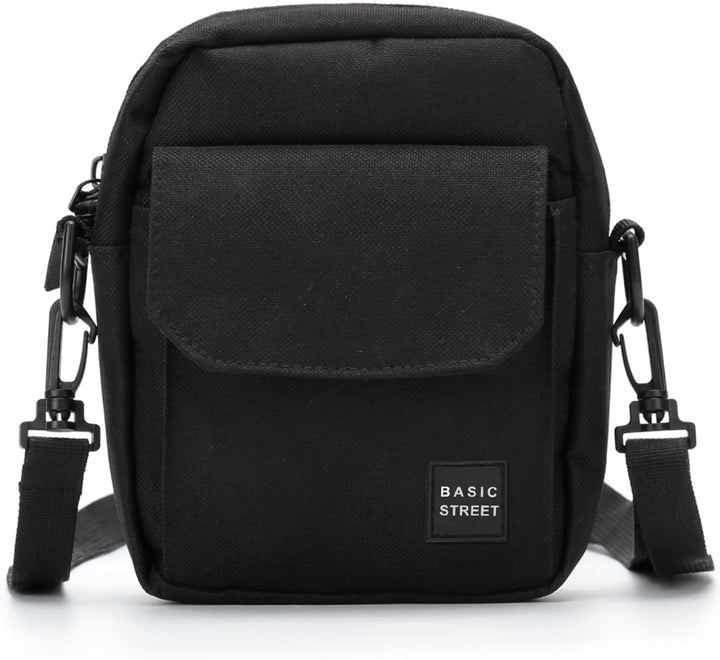 Borsa a tracolla nera Basic Street, design compatto, tasca frontale con patta, ideale per uomo e donna, perfetta per uso quotidiano e viaggi.