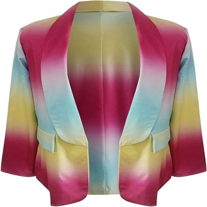 Giacca blazer multicolore sfumata, design aperto, maniche lunghe, tonalità rosa, giallo e azzurro, moda donna elegante e moderna.