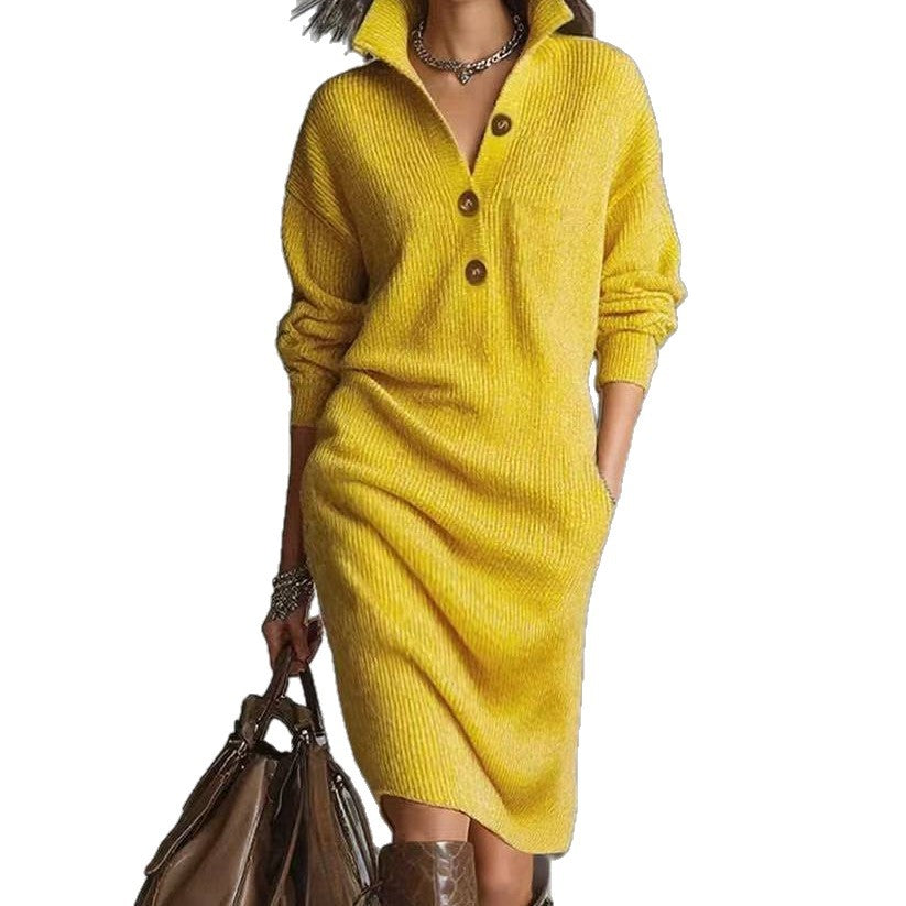 Abito Donna in Maglia Manica Lunga Scollo a V con Bottoni
