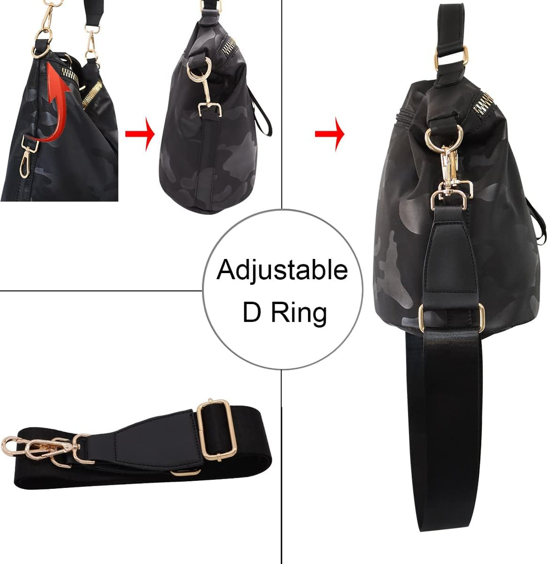 Borsa a tracolla nera con motivo mimetico, anello a D regolabile, tracolla staccabile, fibbie dorate. Accessorio moda versatile e funzionale.