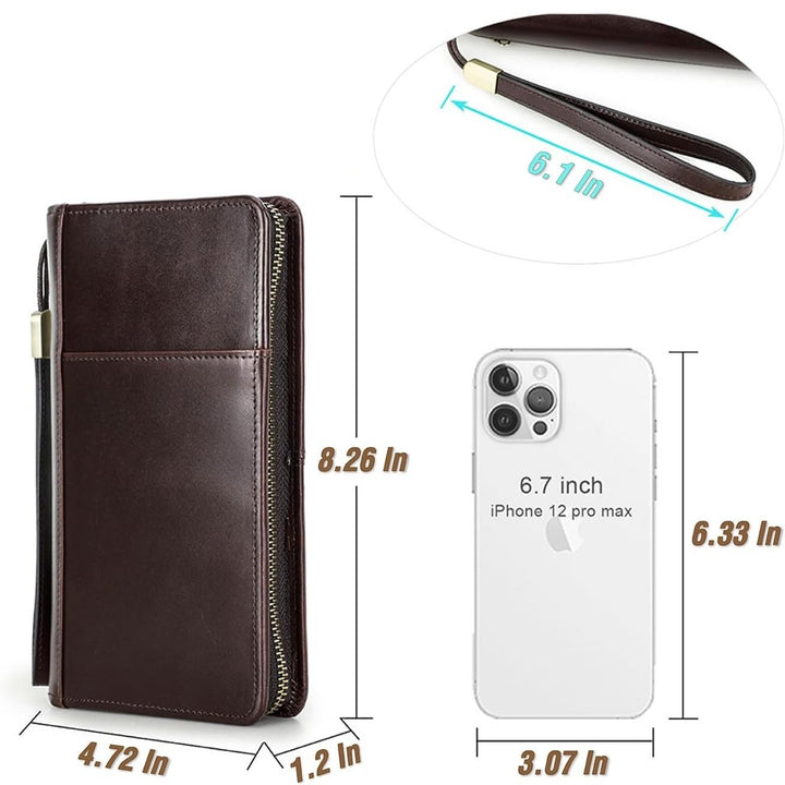 Custodia portafoglio in pelle marrone per iPhone 12 Pro Max, con cinturino da polso, tasca con zip, dimensioni 8,26x4,72x1,2 pollici.