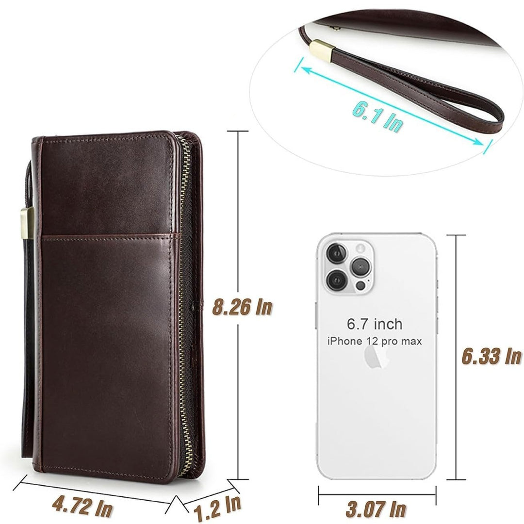 Portafoglio in pelle marrone con cerniera, cinturino da polso, compatibile con iPhone 12 Pro Max. Dimensioni: 8,26x4,72x1,2 pollici. Accessorio elegante.