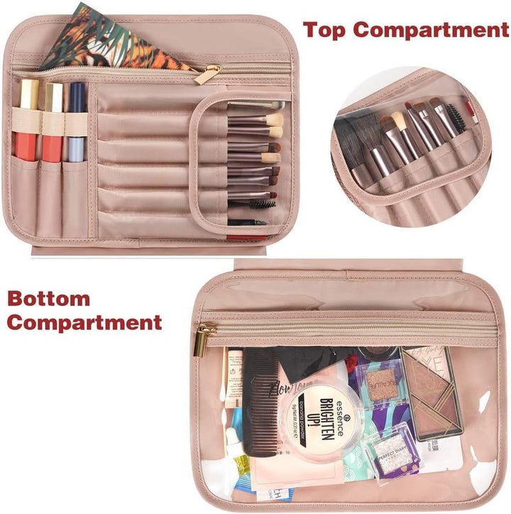 Astuccio organizer per trucchi in pelle beige con scomparti per pennelli, rossetti e cosmetici. Ideale per viaggio e uso quotidiano.