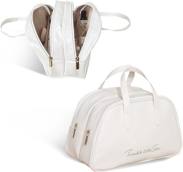 Borsa cosmetica bianca in pelle sintetica con doppia cerniera, manici superiori, design elegante, ideale per viaggio e organizzazione trucco.