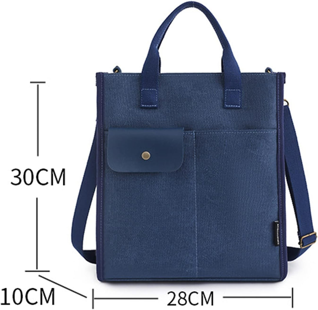 Borsa a tracolla blu in tela, dimensioni 30x28x10 cm, con tasca frontale e manici. Design elegante e pratico per uso quotidiano.
