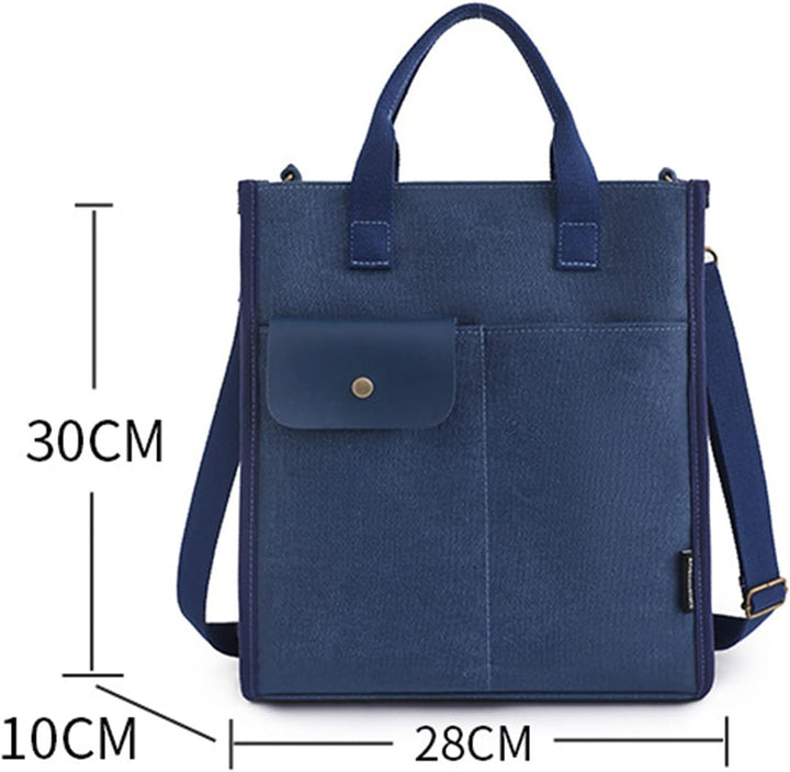 Borsa a tracolla blu in tela, dimensioni 30x28x10 cm, con tasca frontale e manici. Design elegante e pratico per uso quotidiano.