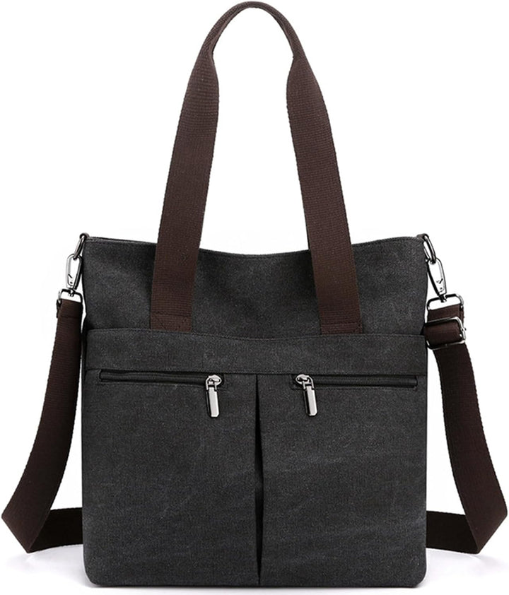 Borsa a tracolla in tela nera con manici marroni, doppia cerniera frontale, design elegante e pratico, ideale per lavoro e tempo libero.
