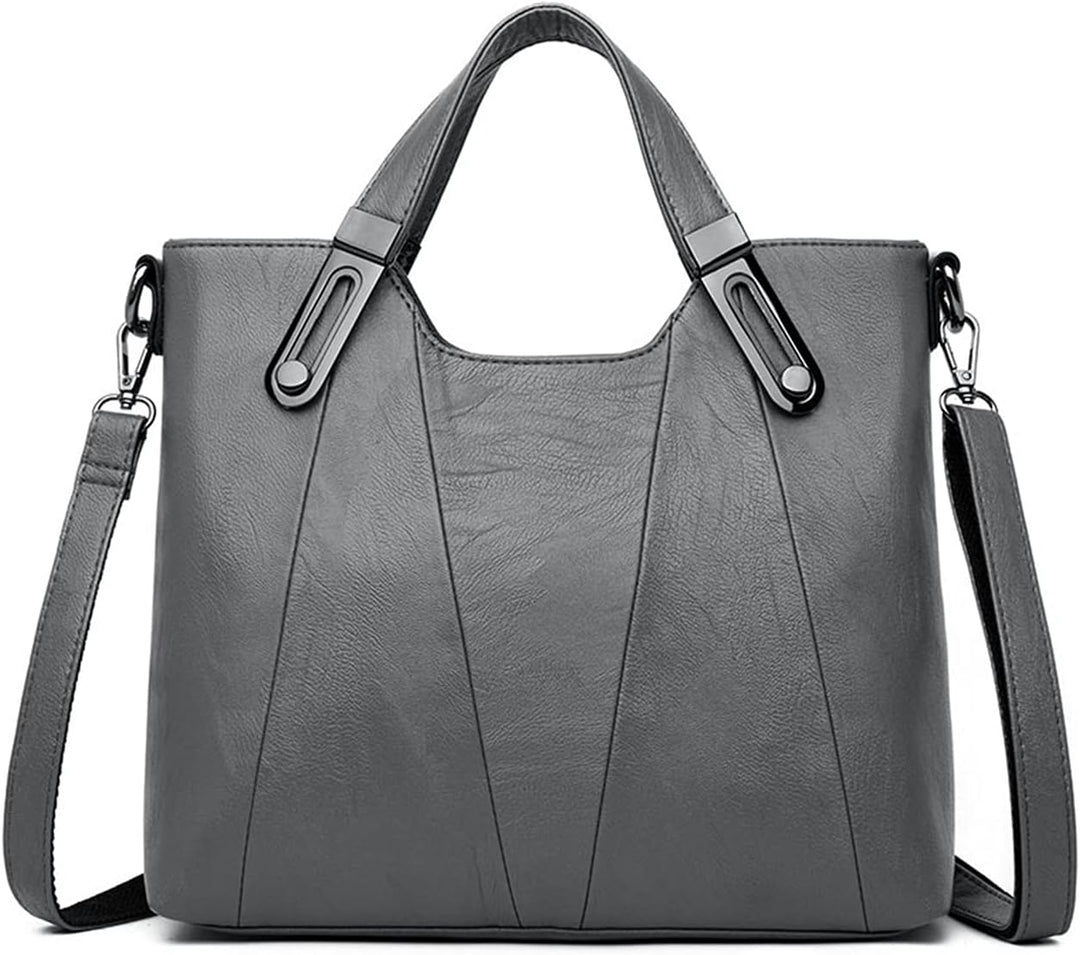 Borsa a tracolla in pelle grigia elegante, design moderno, manici robusti, tracolla regolabile, ideale per donna, moda accessori.