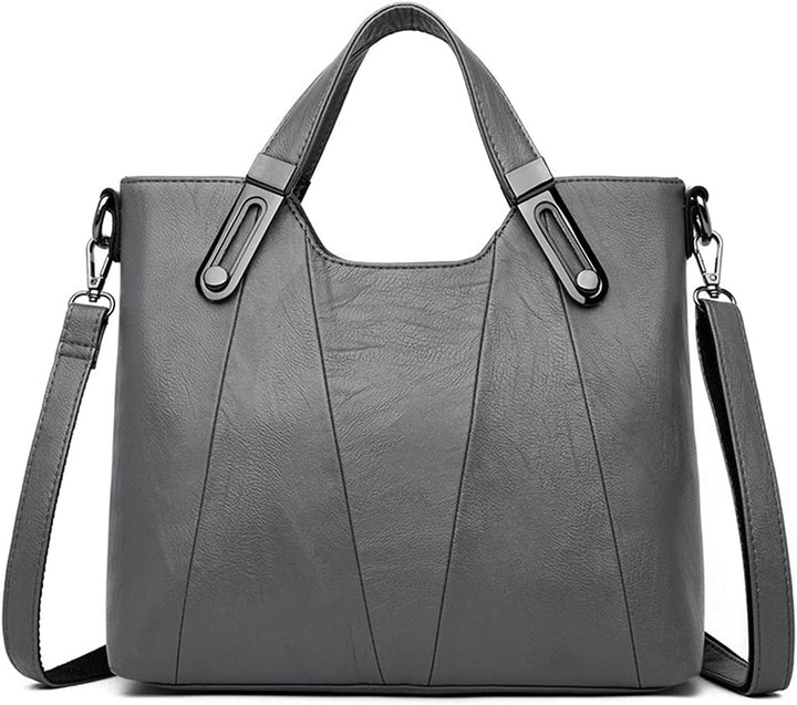 Borsa a tracolla in pelle grigia elegante, design moderno, manici robusti, tracolla regolabile, ideale per donna, moda accessori.