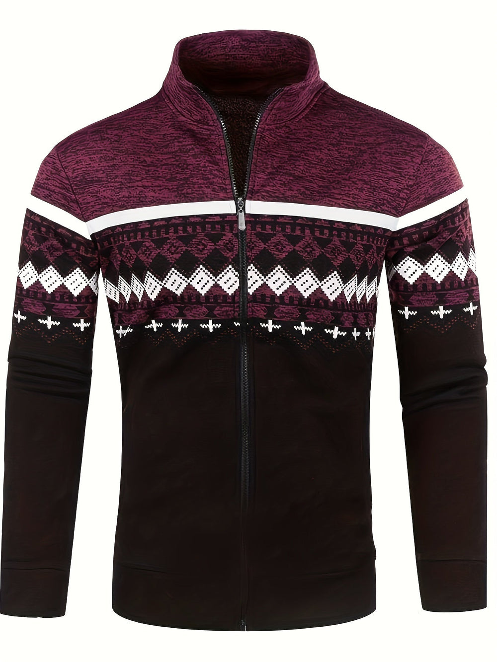 Giacca uomo invernale con zip, motivo geometrico bordeaux e nero, collo alto, stile casual, ideale per moda autunno-inverno.