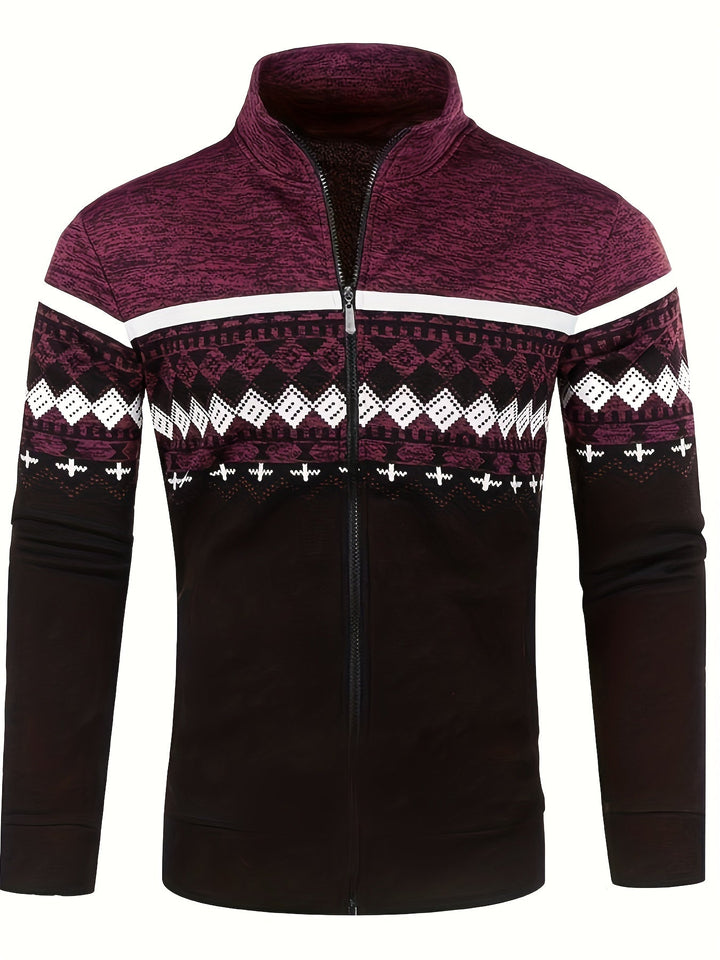 Giacca uomo invernale con zip, motivo geometrico bordeaux e nero, collo alto, stile casual, ideale per moda autunno-inverno.