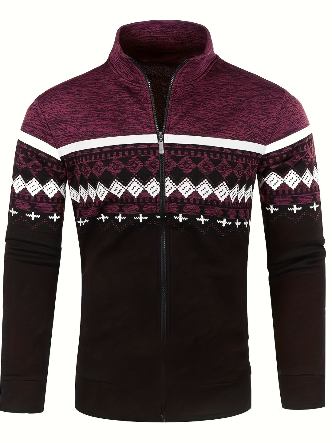 Giacca uomo invernale con zip, motivo geometrico etnico, colori bordeaux e nero, collo alto, maniche lunghe, ideale per moda casual e calda.
