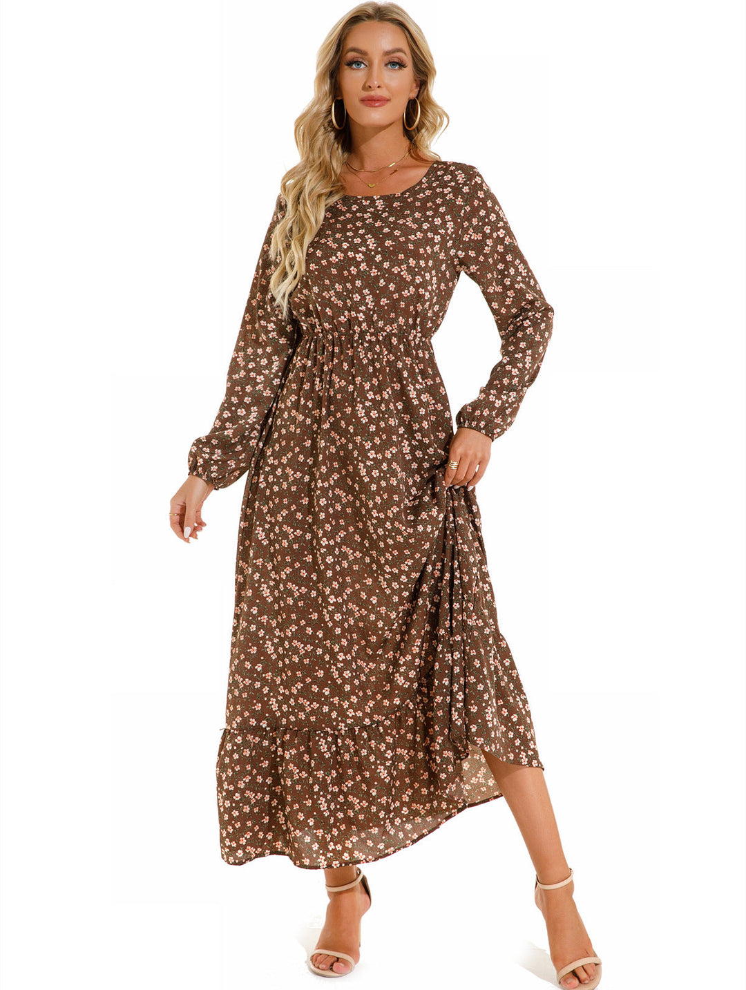 Abito Donna in Chiffon Floreale Scollo Rotondo Elegante