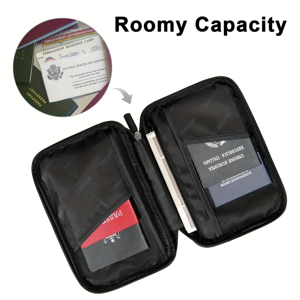 Portadocumenti da viaggio nero con capacità spaziosa, adatto per passaporti, carte d'identità e penne. Design compatto e funzionale.