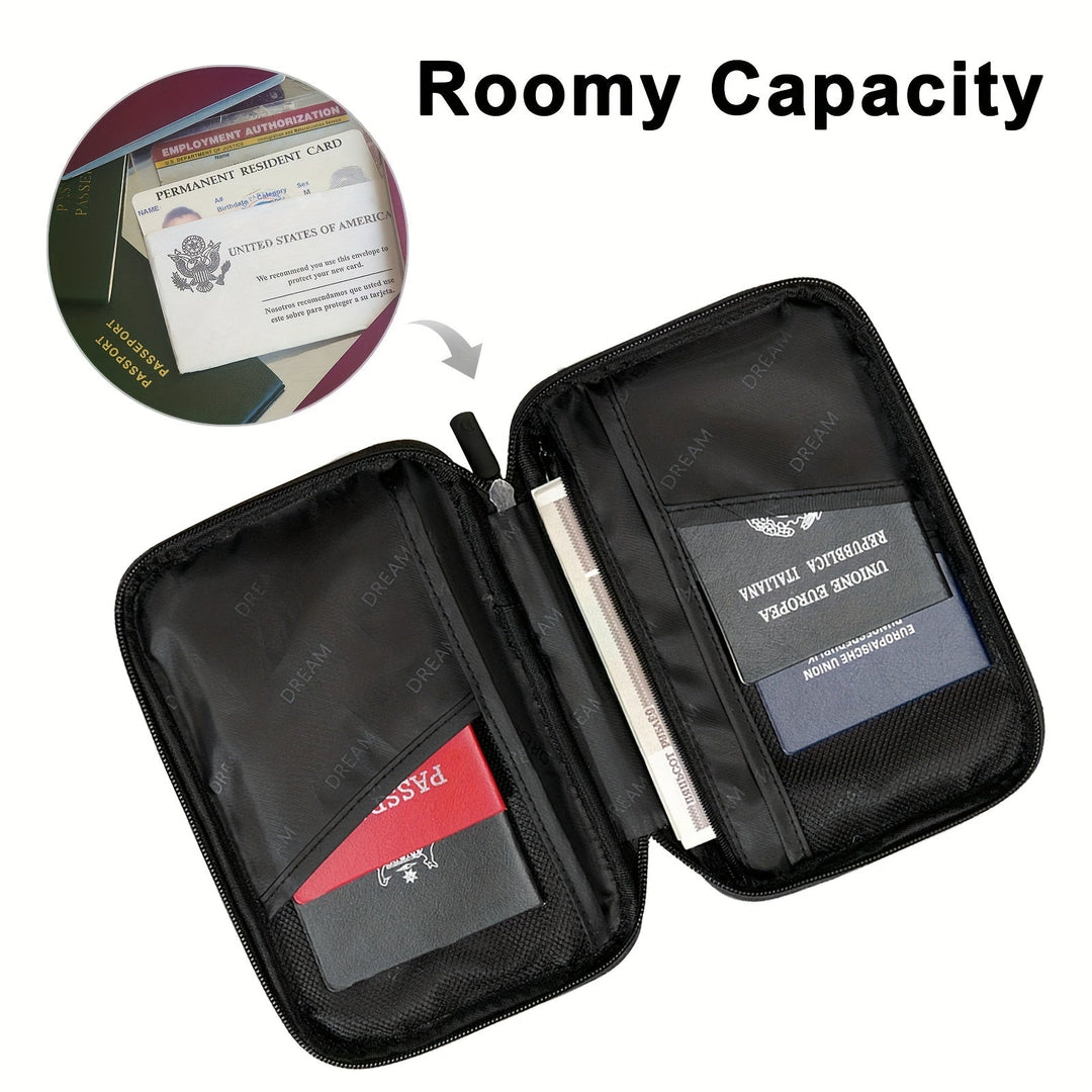 Portadocumenti da viaggio nero con capacità spaziosa, adatto per passaporti, carte d'identità e penne. Design compatto e funzionale.